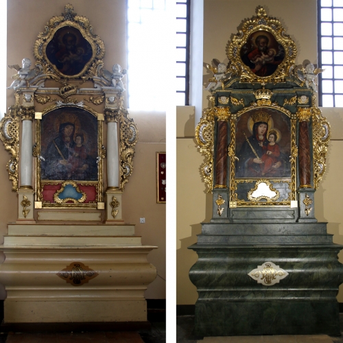 ołtarz boczny Matki Bożej XVIII przed i po konserwacji