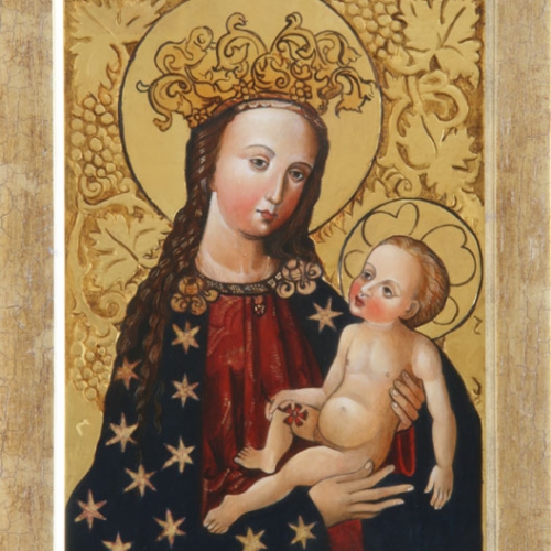 Matka Boża z goździkiem XVw. z kaplicy z zamku Tarnowskich, tempera na desce