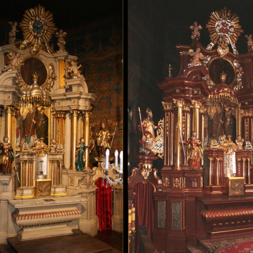 ołtarz główny św. Stanisława XVIII w. przed i po konserwacji