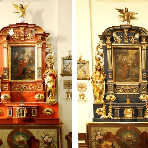 ołtarz św. Barbary przed i po konserwacji
