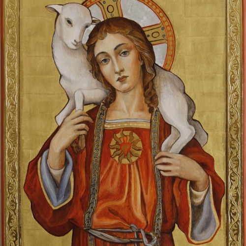 Dobry Pasterz wg mozaiki z Bazyliki św. Wawrzyńca w Rzymie, tempera na desce